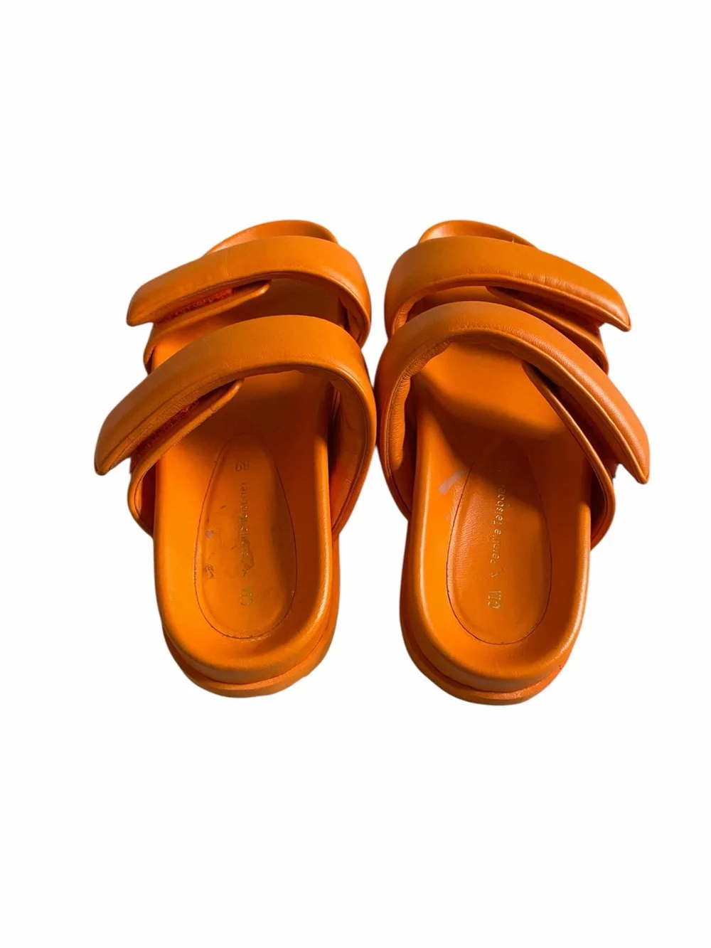 GIA x Pernille Teisbaek Orange Leather Velcro Strap Slide Sandals Womens 39 8.5